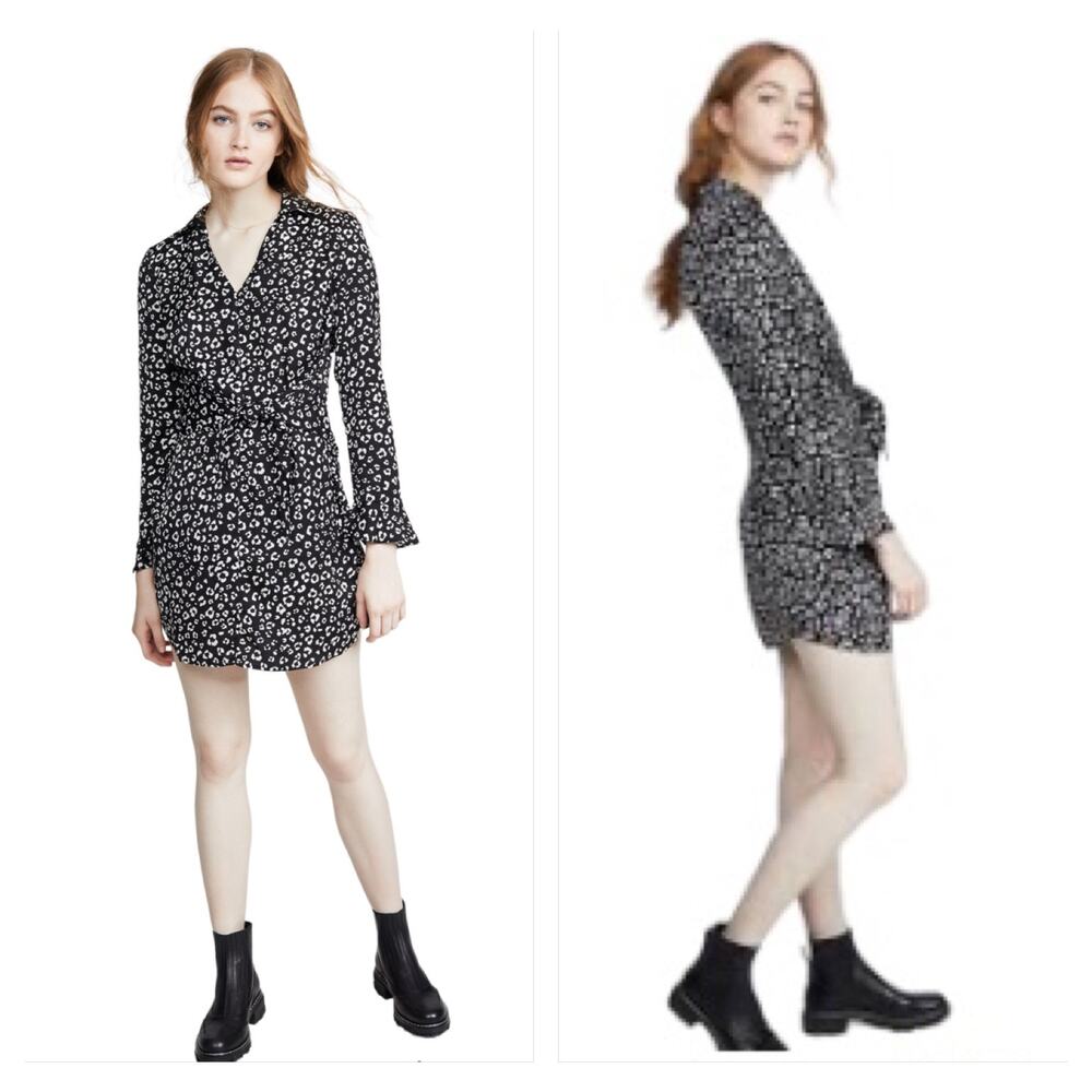 BB Dakota Jack Cats all Folks Leopard Black White Shirt Mini Dress Tie Front M